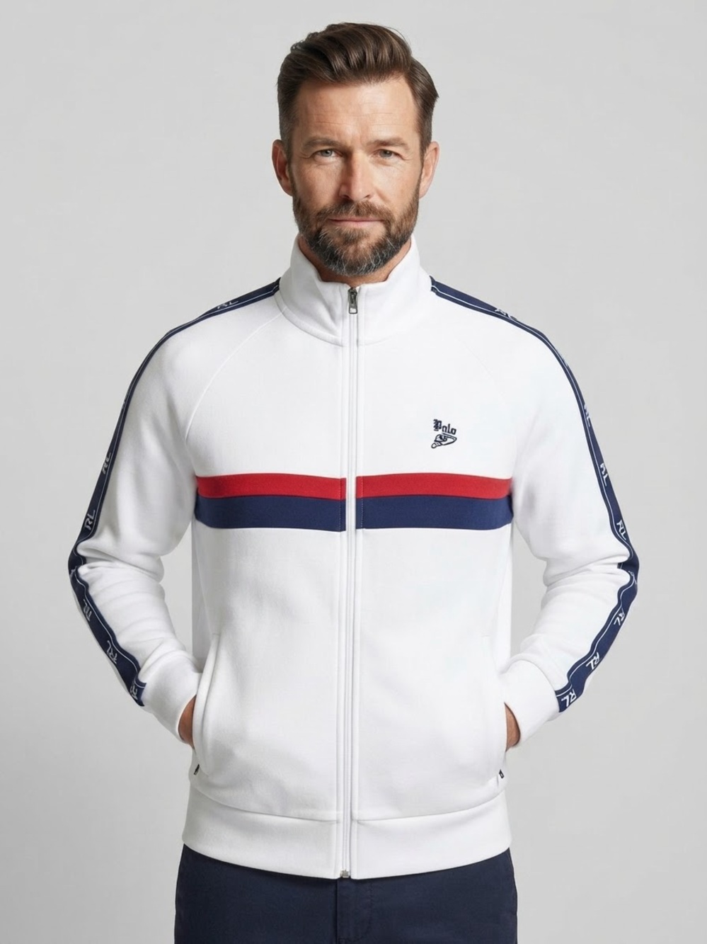 Polo by Ralph Lauren White Track Jacket with Red and Navy Bands
